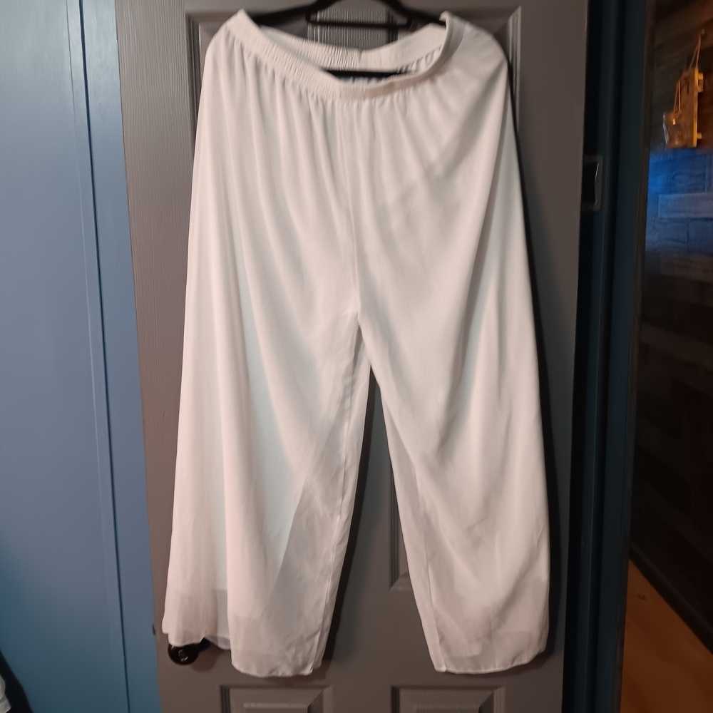 White Wide-Leg Elastic Waist Sheer With Lining Wide Leg Pants